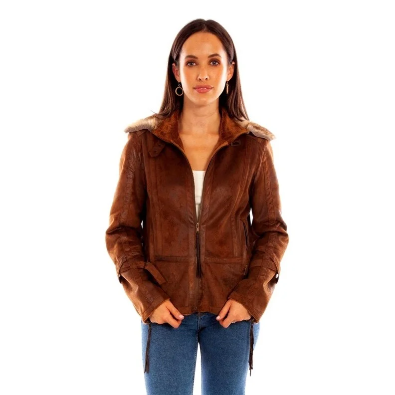 Scully Western Jacket Womens Zip Front Faux Fur Collar Brown F0_8061