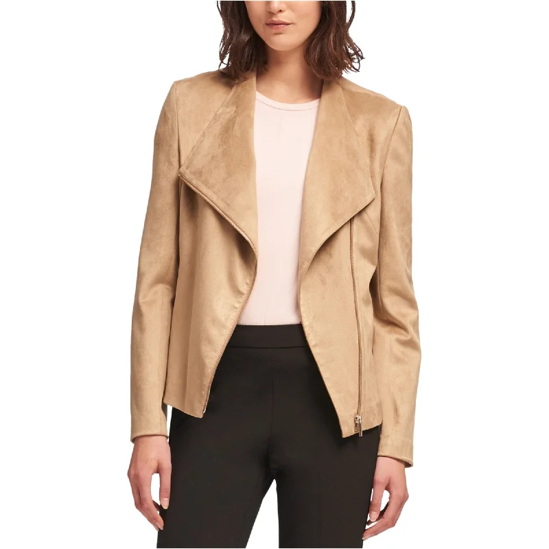 DKNY Womens Faux-Suede Jacket, Beige, Large