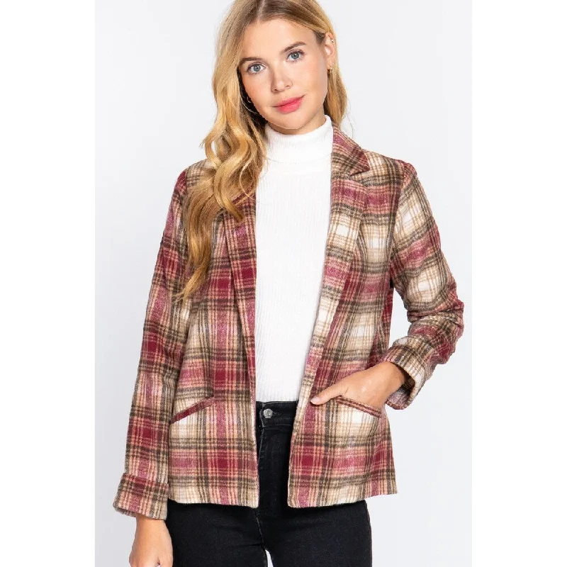 Long Sleeves Notched Plaid Collar Jacket