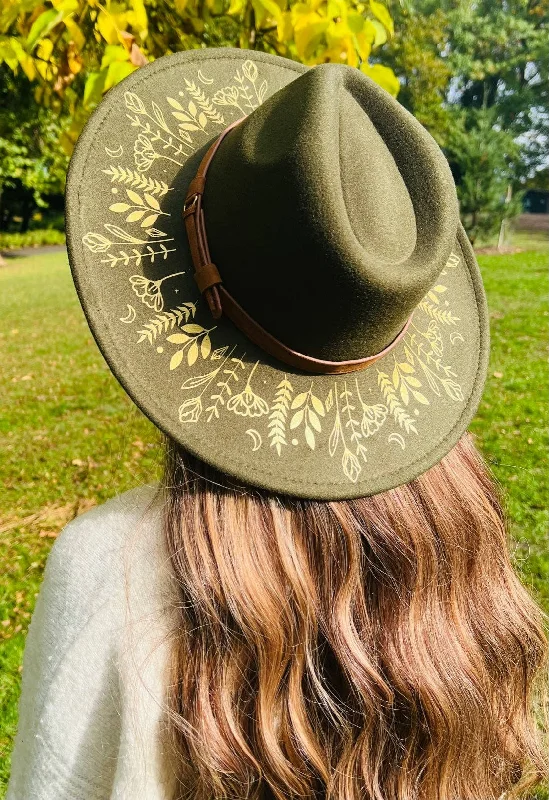 Wide Brim Felt Hat with Botanicals Print