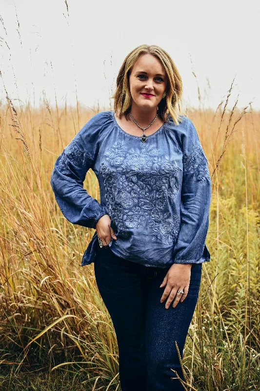 Denim Blue Embroidered Top