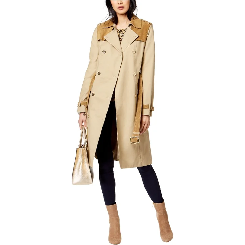 Michael Kors Womens Suede-Contrast Trench Coat, Beige, Medium