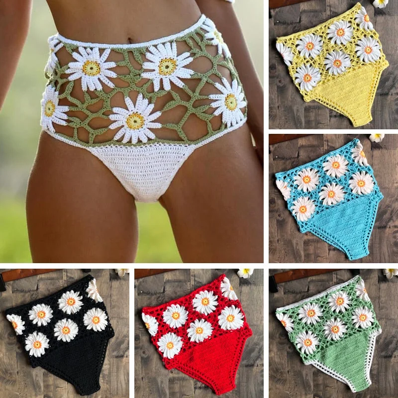 Crochet Flower High Waist Bikini Panties Bottoms Separate Women's Swimsuit Shorts 2019 Crochet Bathing Suit Underwear Cotton Wom