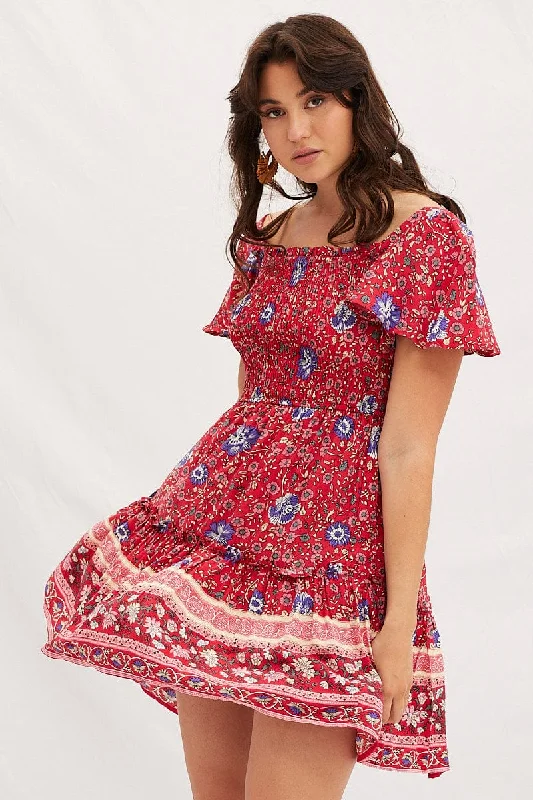 Boho Print Square Neck Short Sleeve Skater Dress