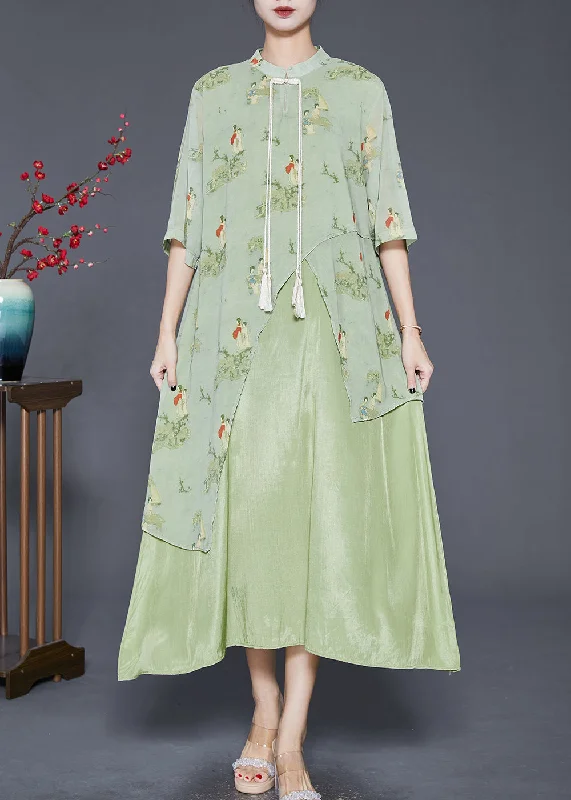 Vintage Green Tasseled Print Silk Long Dresses Summer