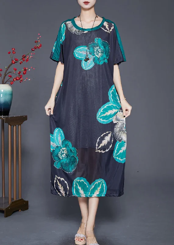 Elegant Black Oversized Print Silk Maxi Dresses Summer