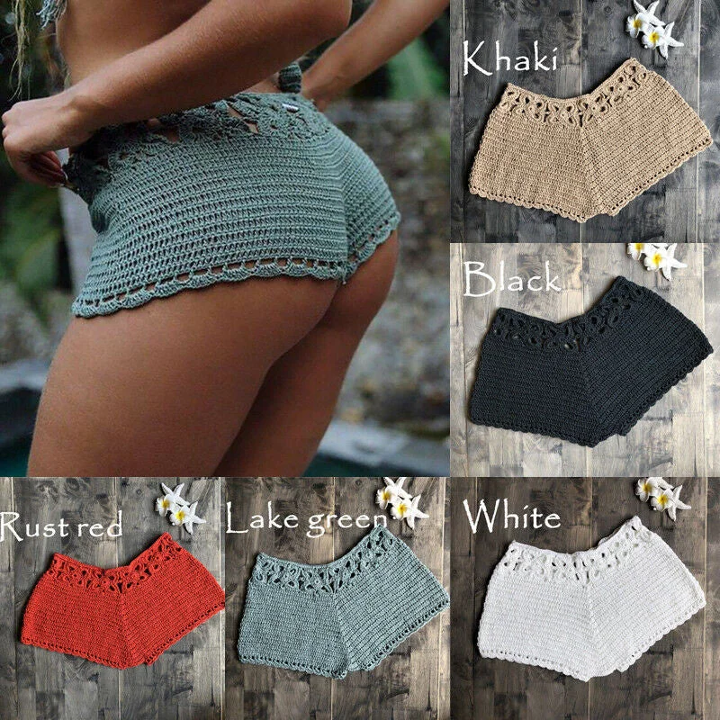 Women Crochet Swim Shorts Knit Hollow Out Bottoms Bikini Cover Up Shorts Beach Fishnet Hot Pants Summer Swimsuit Swimwear