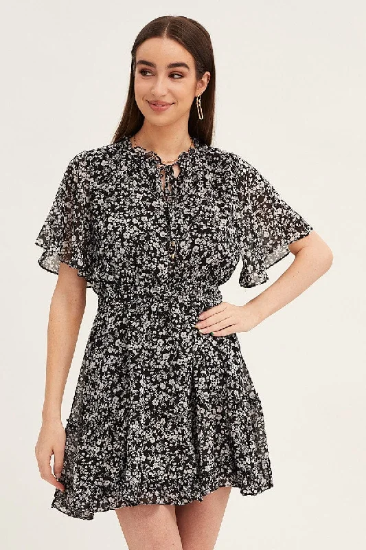 Ditsy Print Flutter Sleeve Tiered Dress