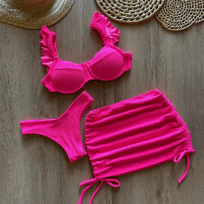 Rose Push Up Ruffle Bikini Set with Skirt