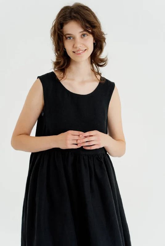 Smock Dress, Sleeveless, Black Pansy