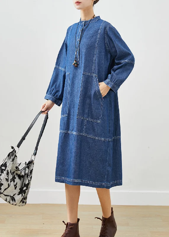 Boho Dark Blue Oversized Patchwork Cotton Vacation Dresses Fall