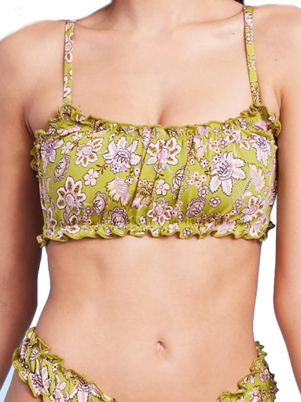 Women's Ruffle Detail Floral Bikini Top,Green