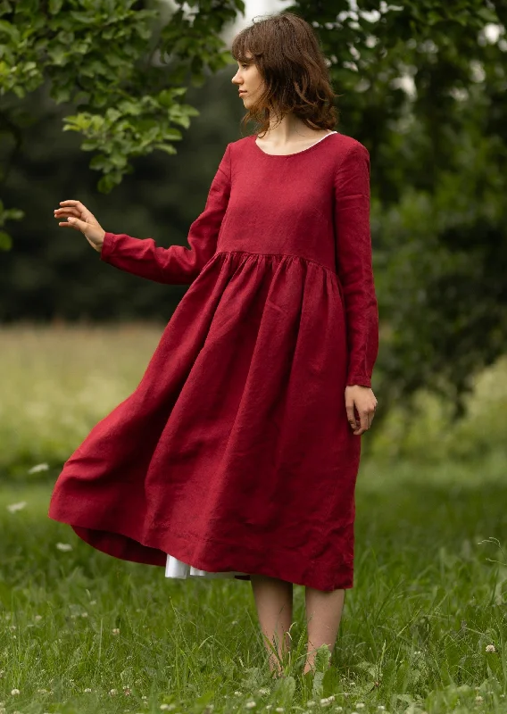 Smock Dress, Long Sleeve, Marsala Red