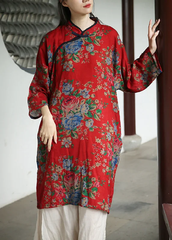 Red Chinese Button Patchwork Cotton Dresses Stand Collar Fall