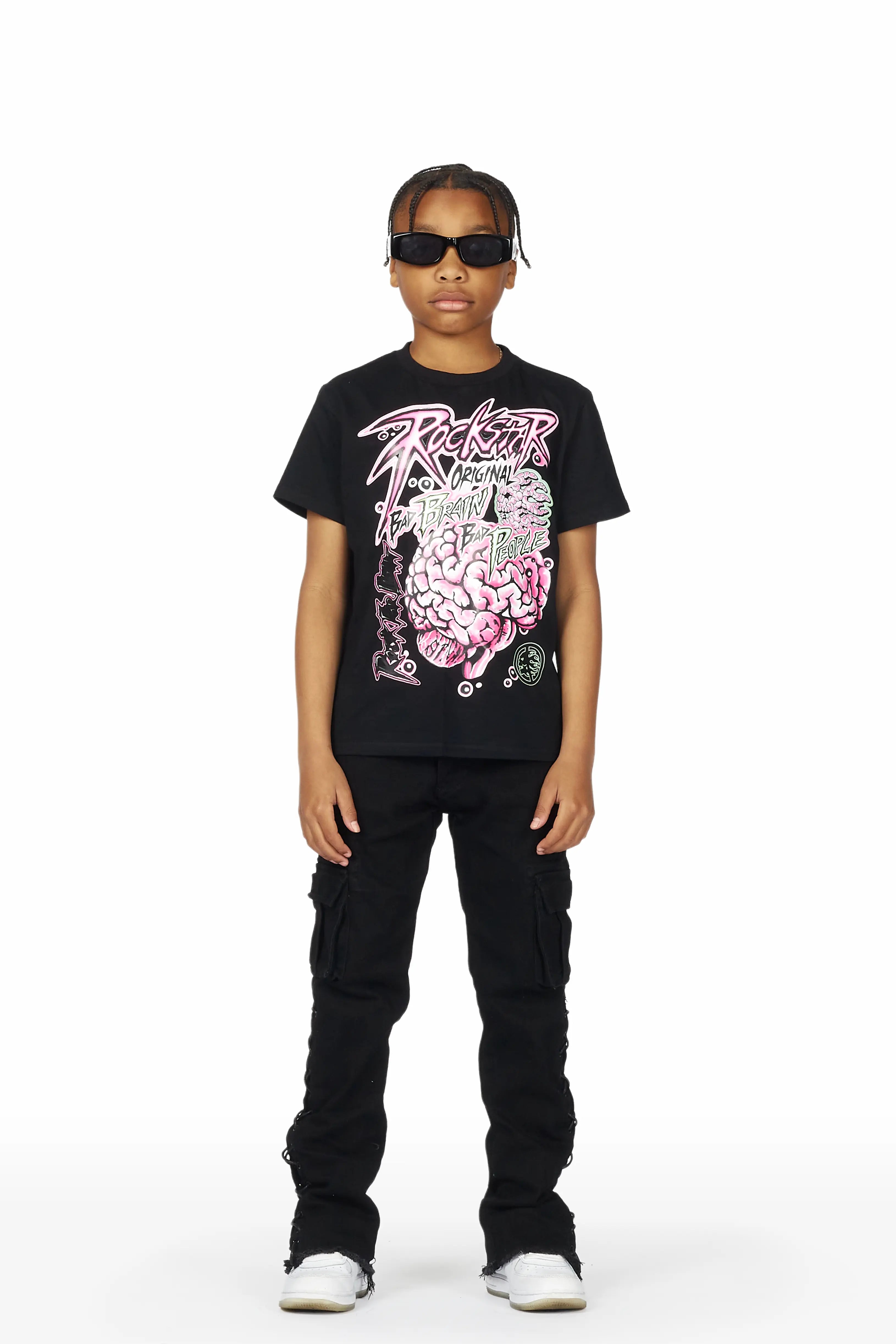 Boys Raine Black T-Shirt/Stacked Flare Cargo Jean