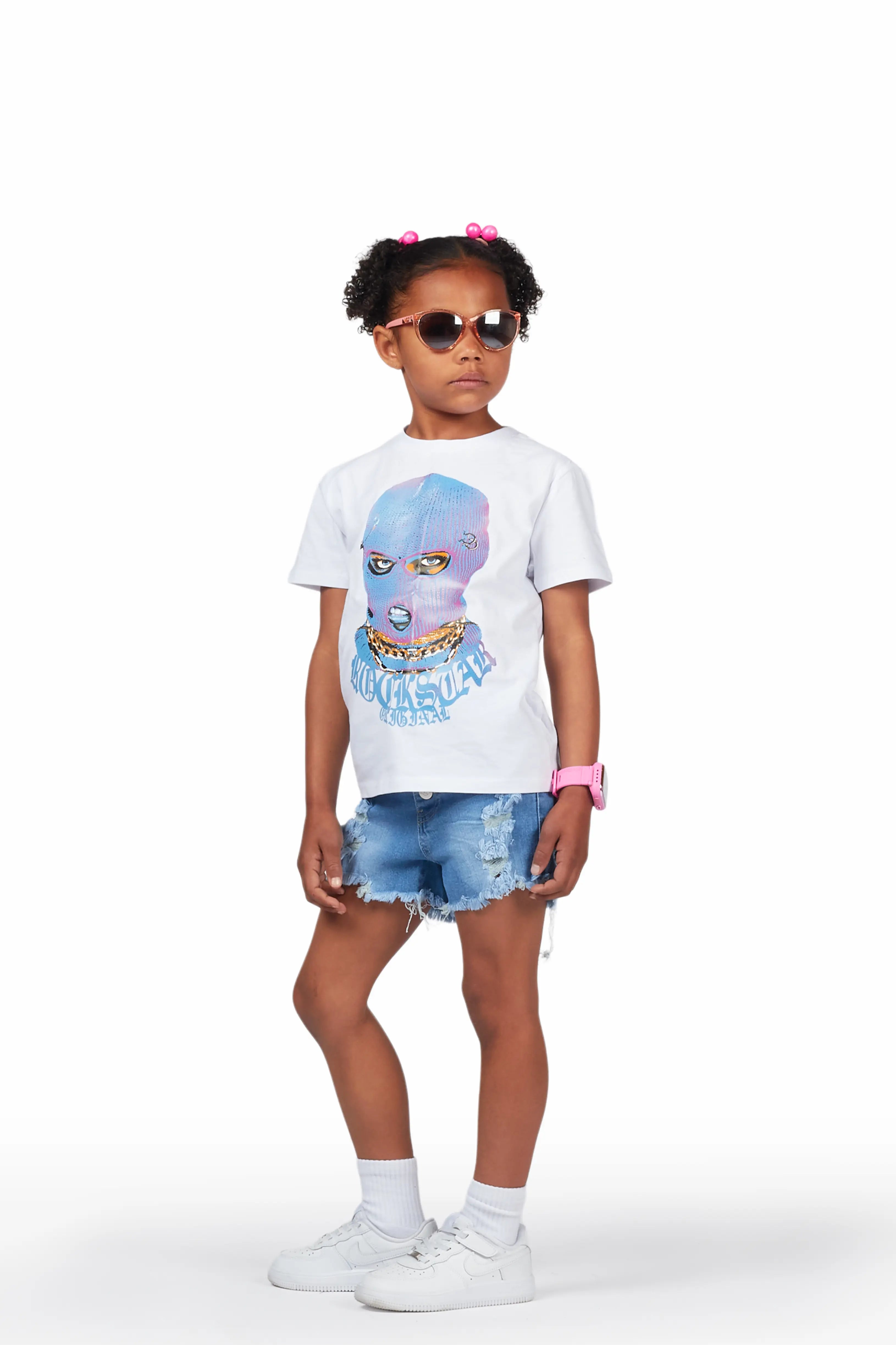 Girls Serilda White/Blue T-Shirt/Denim Short Set