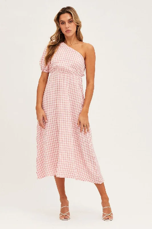 Stripe Check One Shoulder Midi Dress