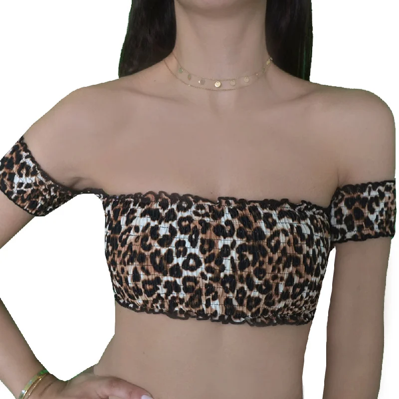 Women's Smocked Leopard-Print Bikini Top,Black/Camel