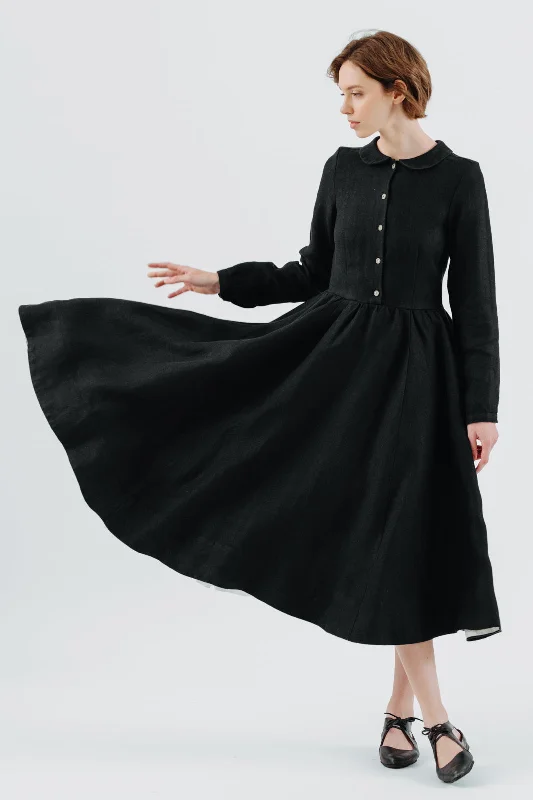 Classic Dress, Long Sleeve, Twill Linen, Black Herringbone