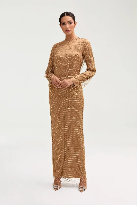 Naila Satin Crystal Maxi Dress - Champagne