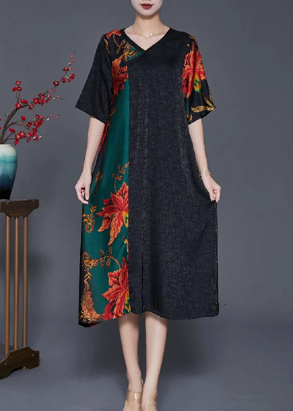 Elegant Colorblock V Neck Patchwork Silk Robe Dresses Summer