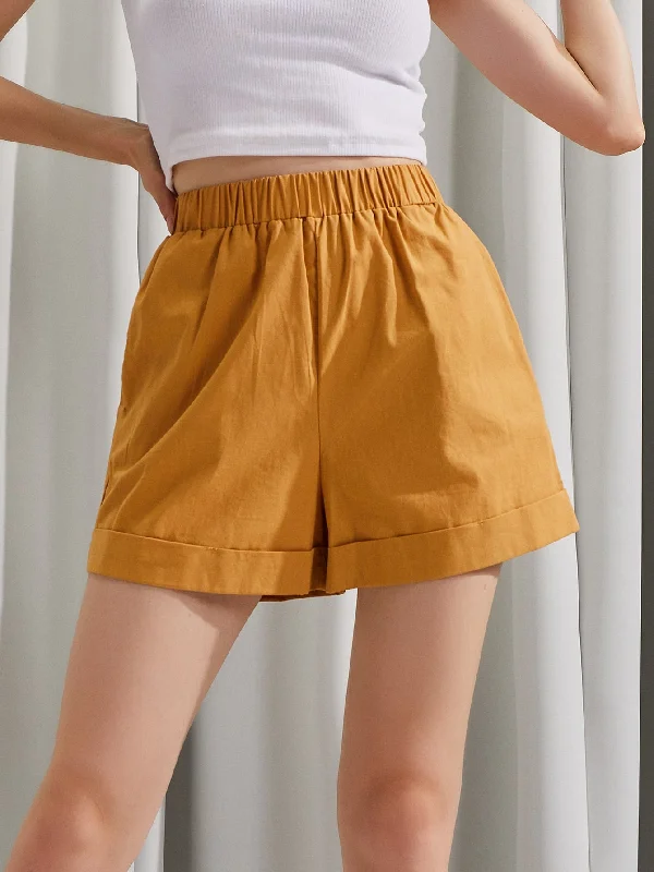 Casual Plain Pocket High Waist Women Shorts