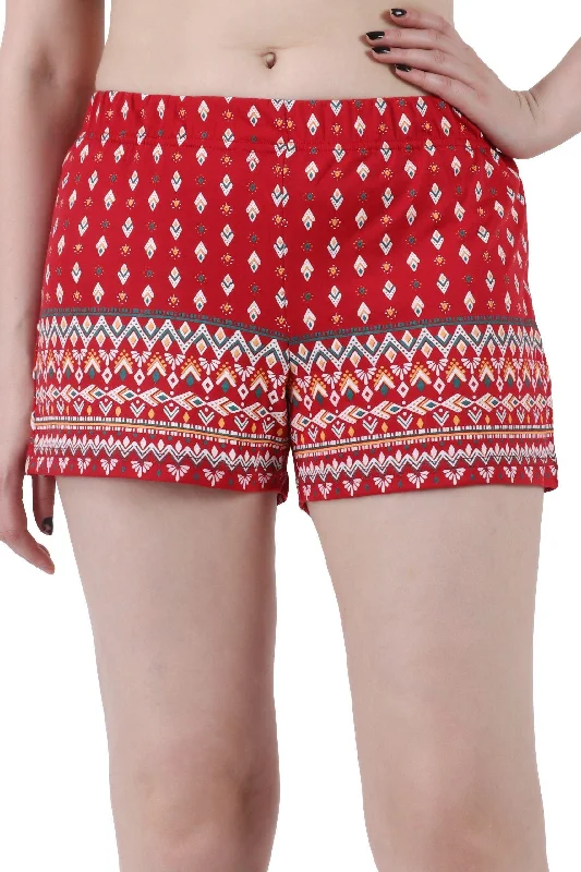 Red Ethnic Motif Printed Shorts with Border