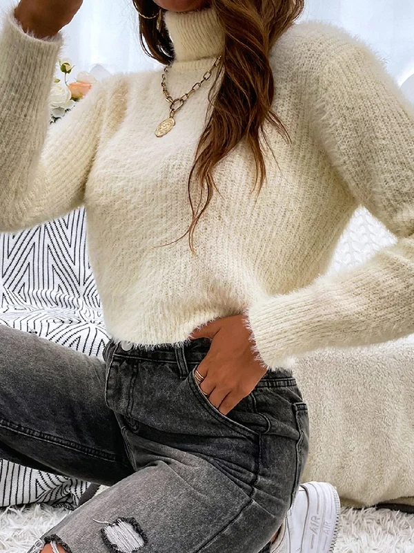 Casual Plain Long Sleeve High Neck Crop Women Sweater