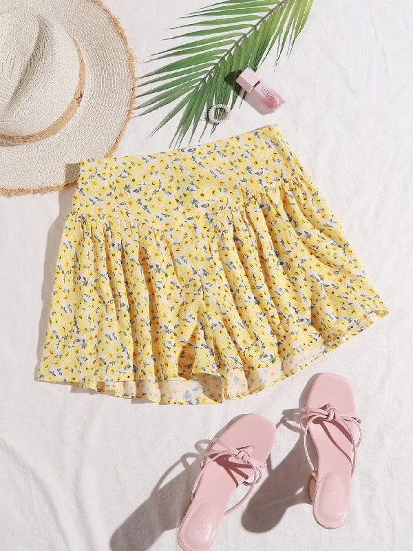 Boho Ditsy Floral Zipper Natural Women Shorts