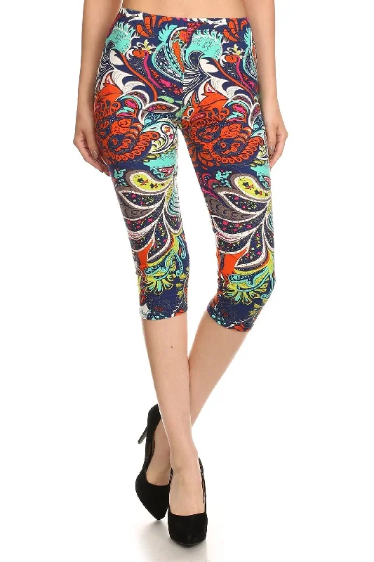 Multi-color Ornate Print Cropped Length Fitted Leggings With High Elastic Waist.