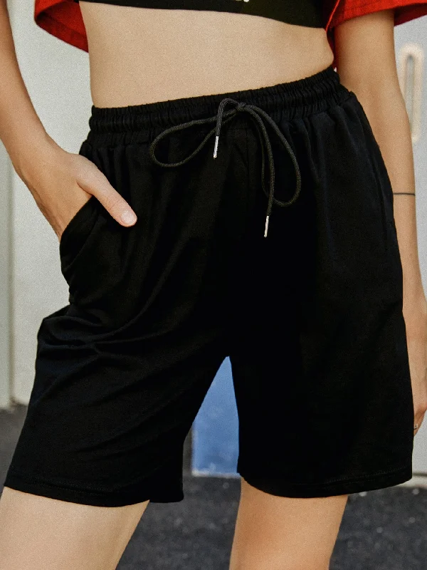 Sporty Plain Tie Front High Waist Women Shorts