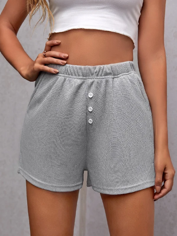 Casual Plain Fake Buttons High Waist Women Shorts