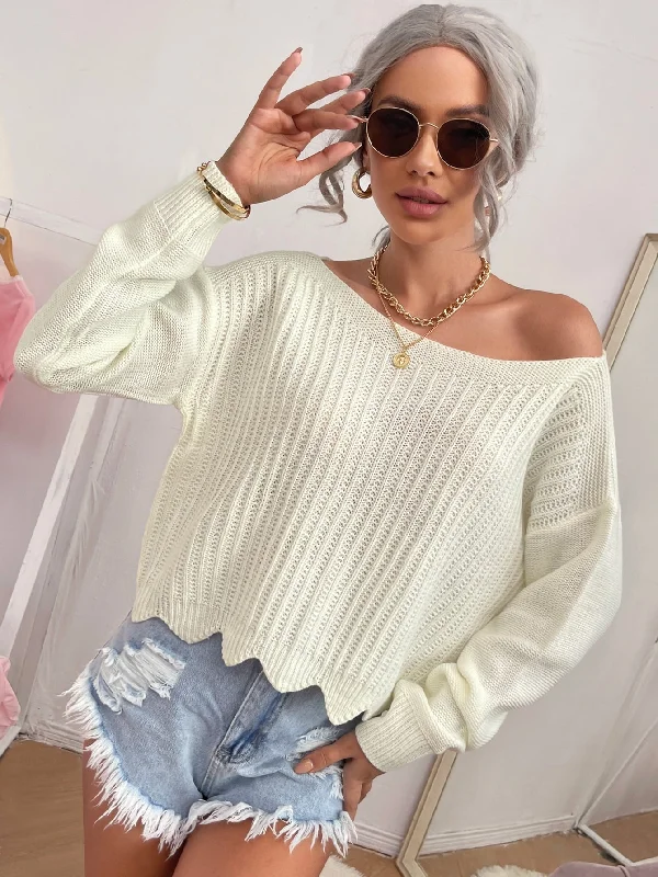 Casual Plain Scallop Long Sleeve Boat Neck Asymmetrical Regular Women Sweater