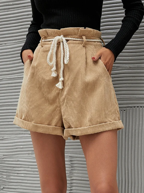 Casual Plain Paper Bag Waist High Waist Women Shorts