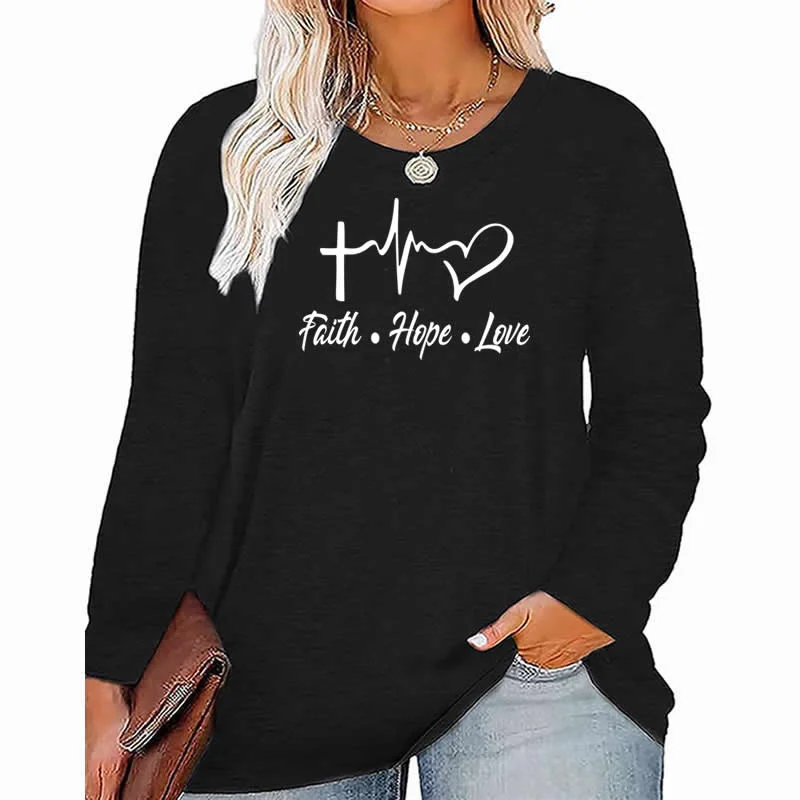 faith hope Love pattern Plus Size Women's Top Autumn X-Large-5X-Large woman clothes y2k t shirt oversized long sleeve tshirt