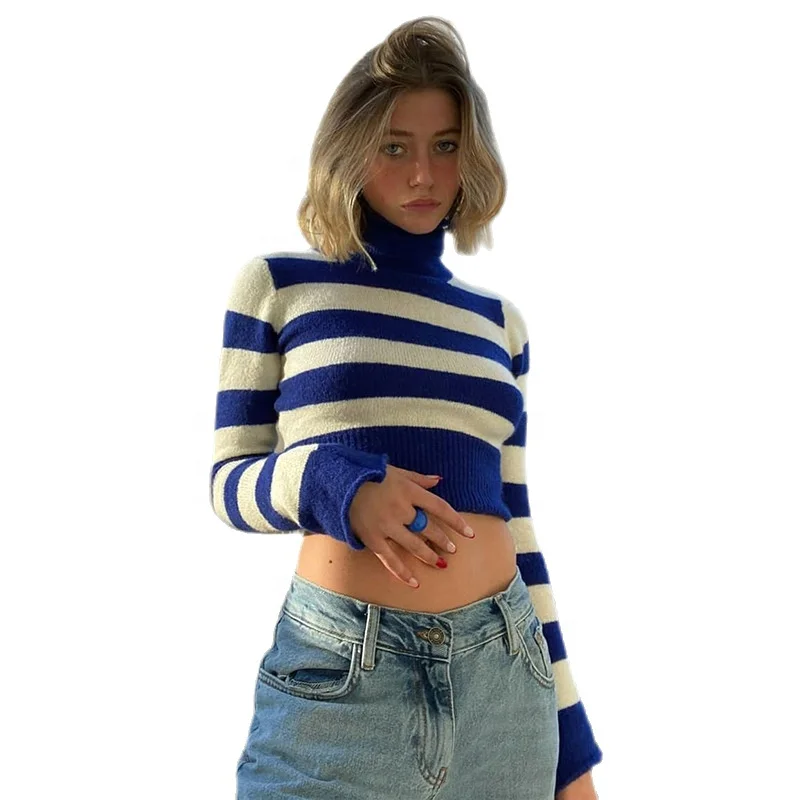 2022 New Autumn Women Knitted Sweater Striped Design Turtleneck Pullover Women Cropped Sweaters Casual Outfit