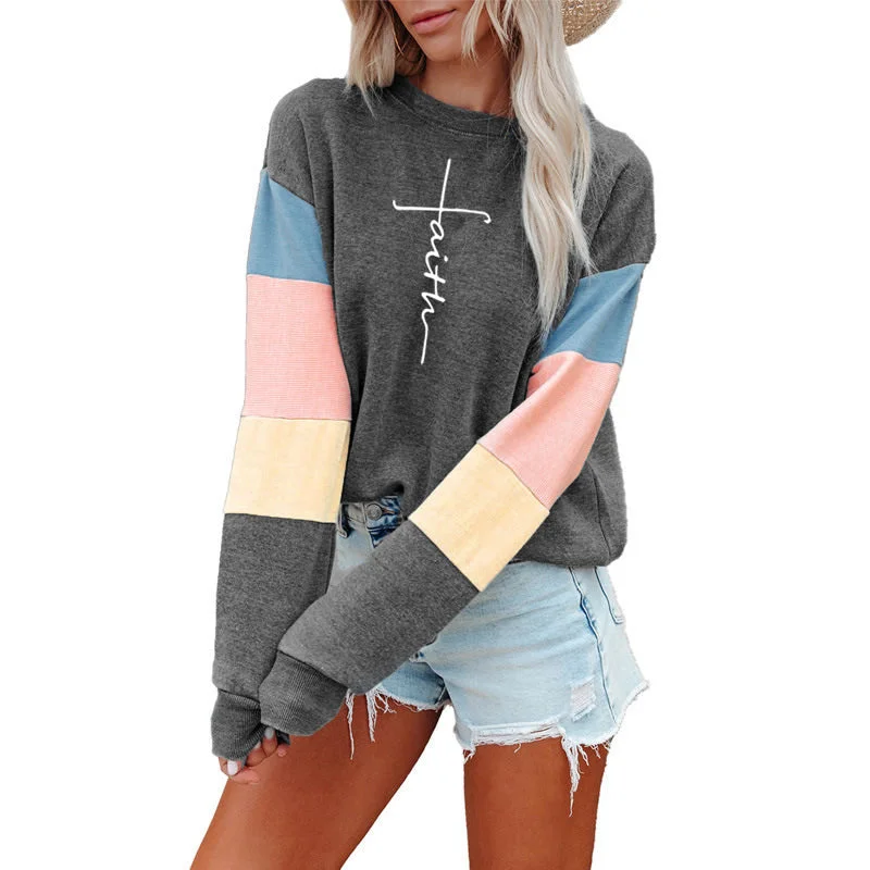 Patchwork Fashion Women Sweatshirt Casual Long Sleeve Pullover Faith Print Crewneck Women logo hoodie  Sweatshirt