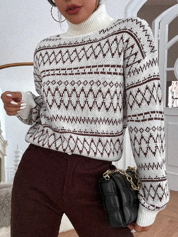 Casual Geometric Long Sleeve High Neck Regular Women Sweater