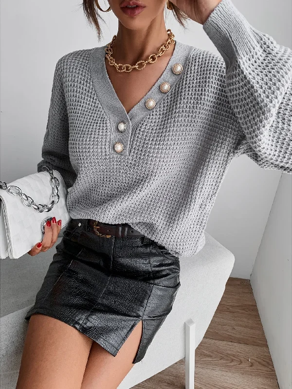 Casual Plain Button Long Sleeve V Neck Regular Women Sweater