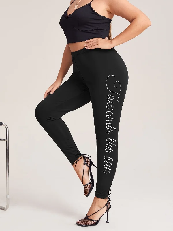 Letter Rhinestone Cropped Plus Size Leggings