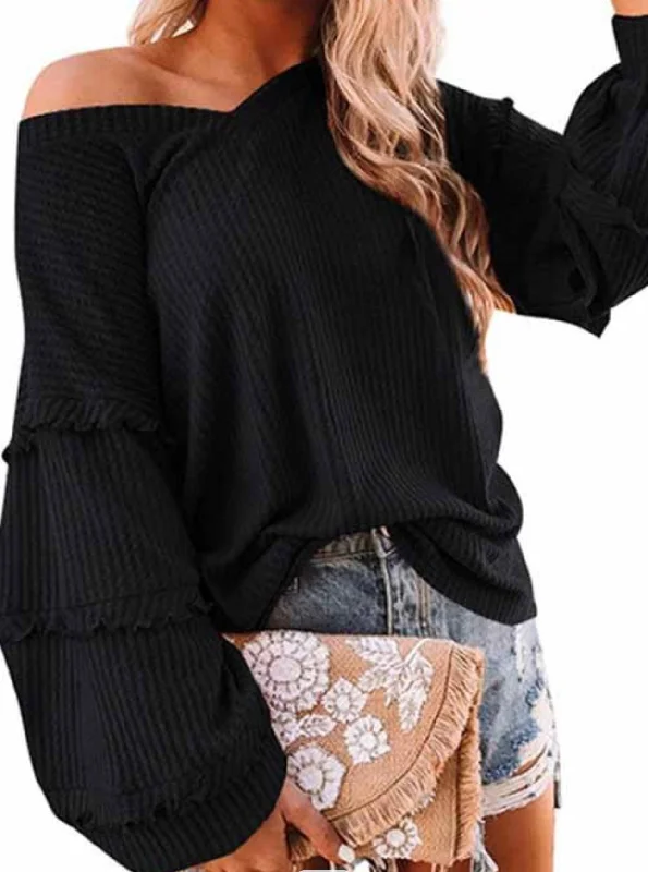 Ruffled Trim Long Sleeve Knit Top