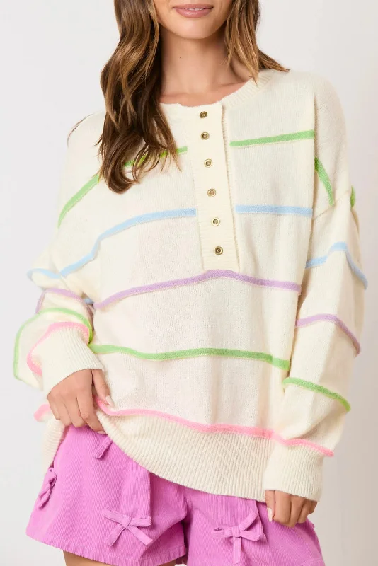 KaleaBoutique Rainbow Stripes Drop Shoulder Baggy Henley Sweater