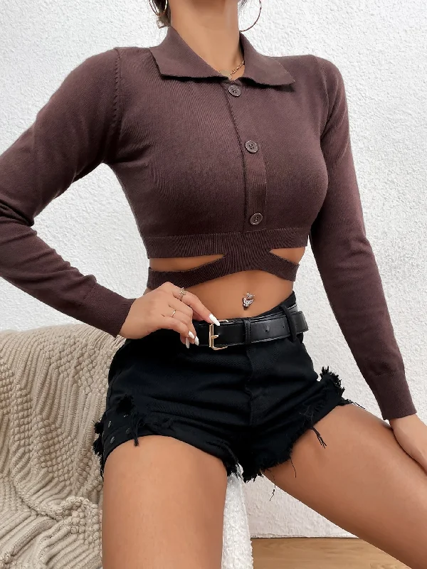 Casual Plain Button Front Long Sleeve Polo Crop Women Sweater