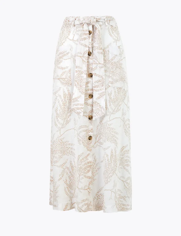 Linen Blend Printed Midi A-Line Skirt