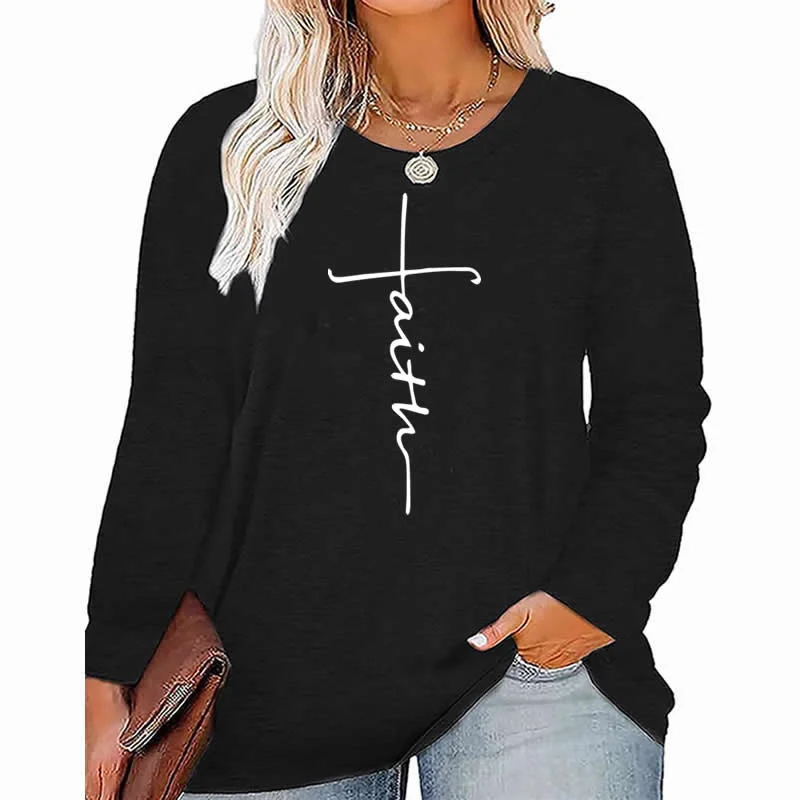 faith cross pattern Plus Size Women's Top Autumn X-Large-5X-Large woman clothes y2k t shirt oversized long sleeve tshirt