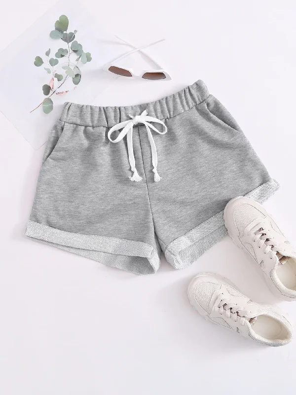 Casual Plain Drawstring High Waist Women Shorts