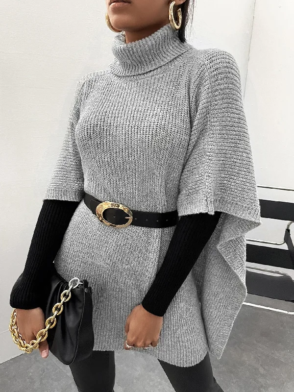 Casual Plain Asymmetrical Three Quarter Length Sleeve High Neck Asymmetrical Long Women Sweater