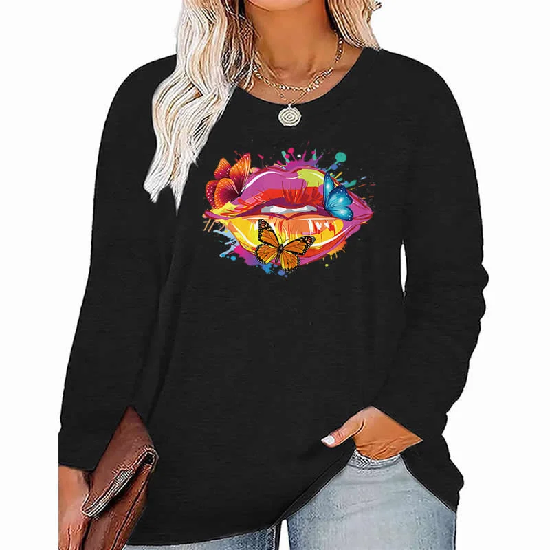 butterfly pattern Plus Size Women's Top Autumn X-Large-5X-Large woman clothes y2k t shirt oversized long sleeve tshirt