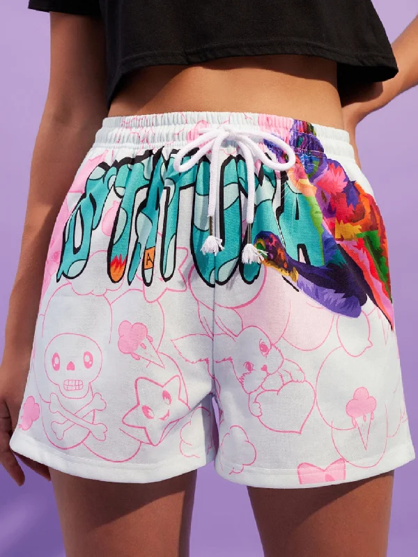 Casual Cartoon Drawstring High Waist Women Shorts